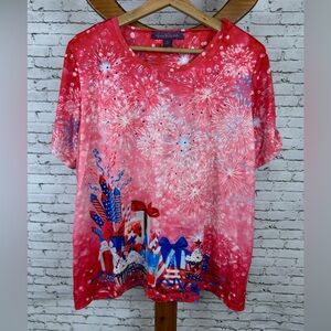 Gloria Vanderbilt | Red Patriotic Vibrant Fireworks Tee Unisex size XL